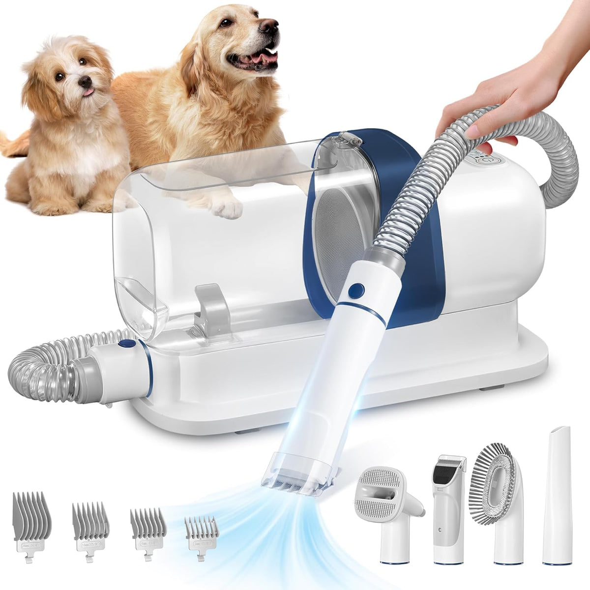 Dog Grooming Vacuum, Pet Grooming Vacuum Kit 2.3L Suction 99% Pet Hair with 5 Tools for Dog Cat for Shedding Grooming, Low Noise (Blue & White)