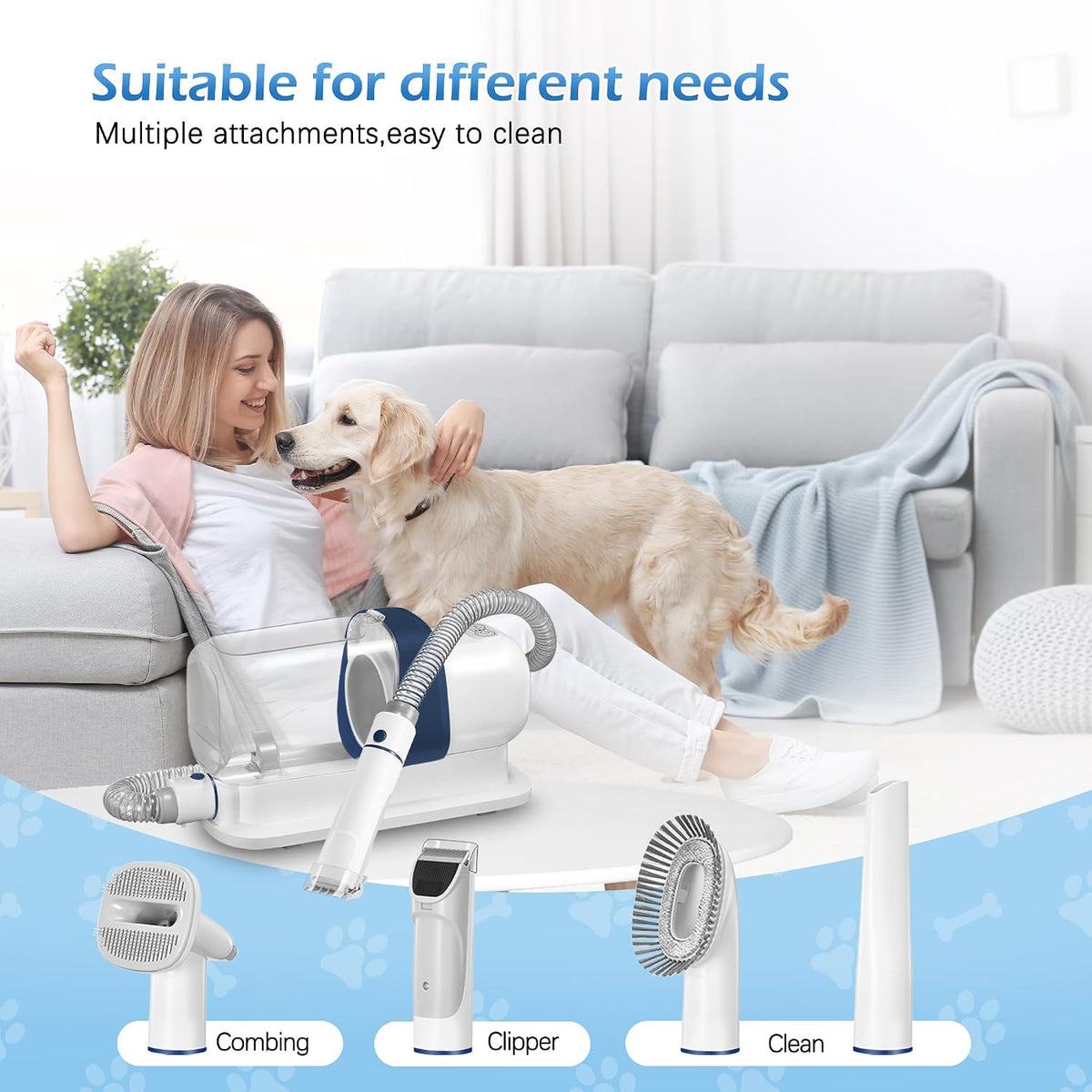 Dog Grooming Vacuum, Pet Grooming Vacuum Kit 2.3L Suction 99% Pet Hair with 5 Tools for Dog Cat for Shedding Grooming, Low Noise (Blue & White)