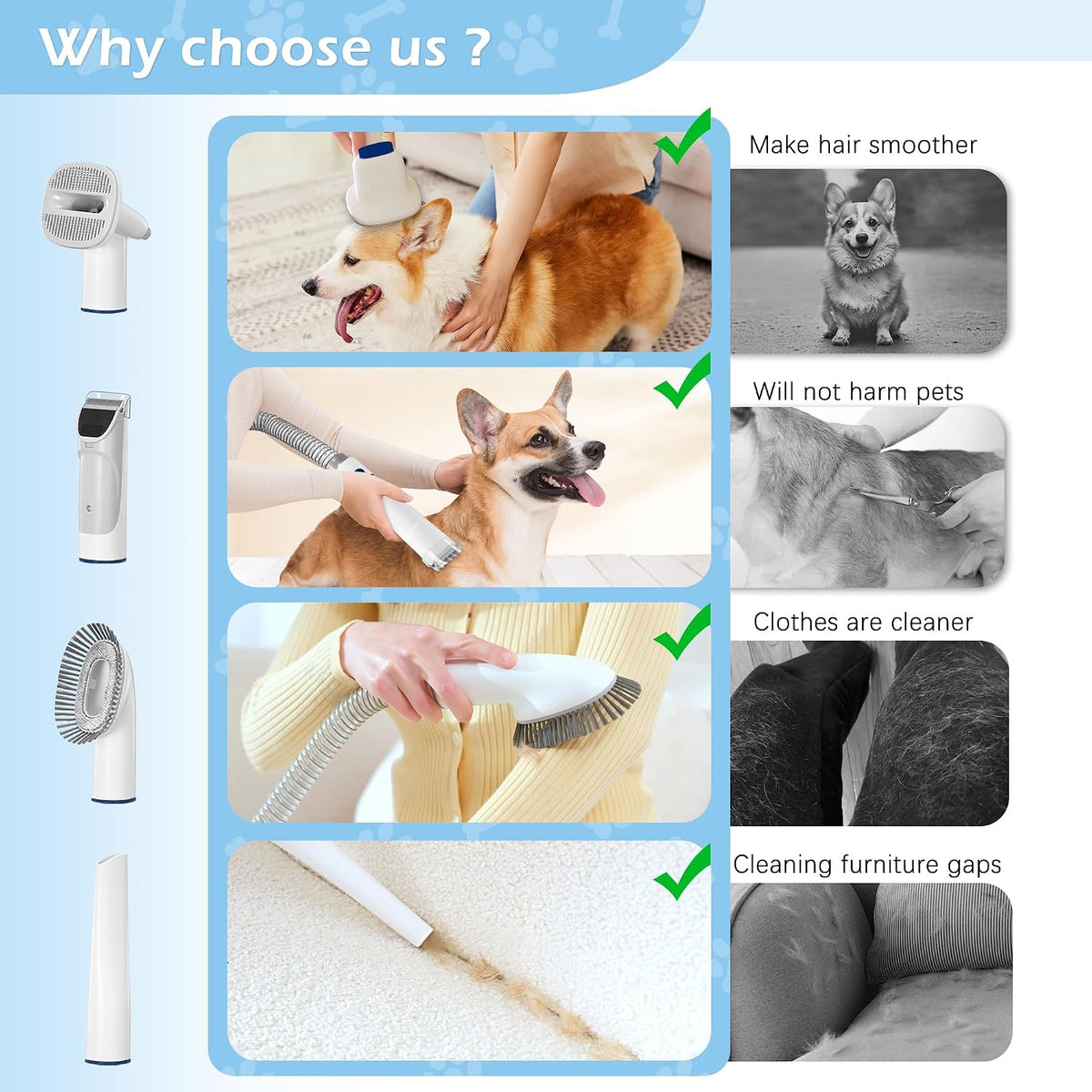 Dog Grooming Vacuum, Pet Grooming Vacuum Kit 2.3L Suction 99% Pet Hair with 5 Tools for Dog Cat for Shedding Grooming, Low Noise (Blue & White)